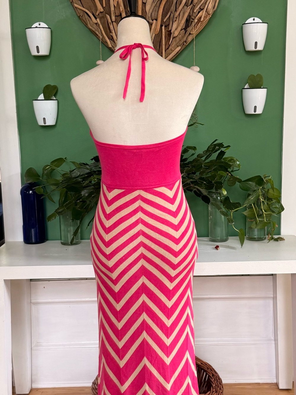 bebe Pink and Cream Chevron Halter Maxi Dress - Picture 2 of 4